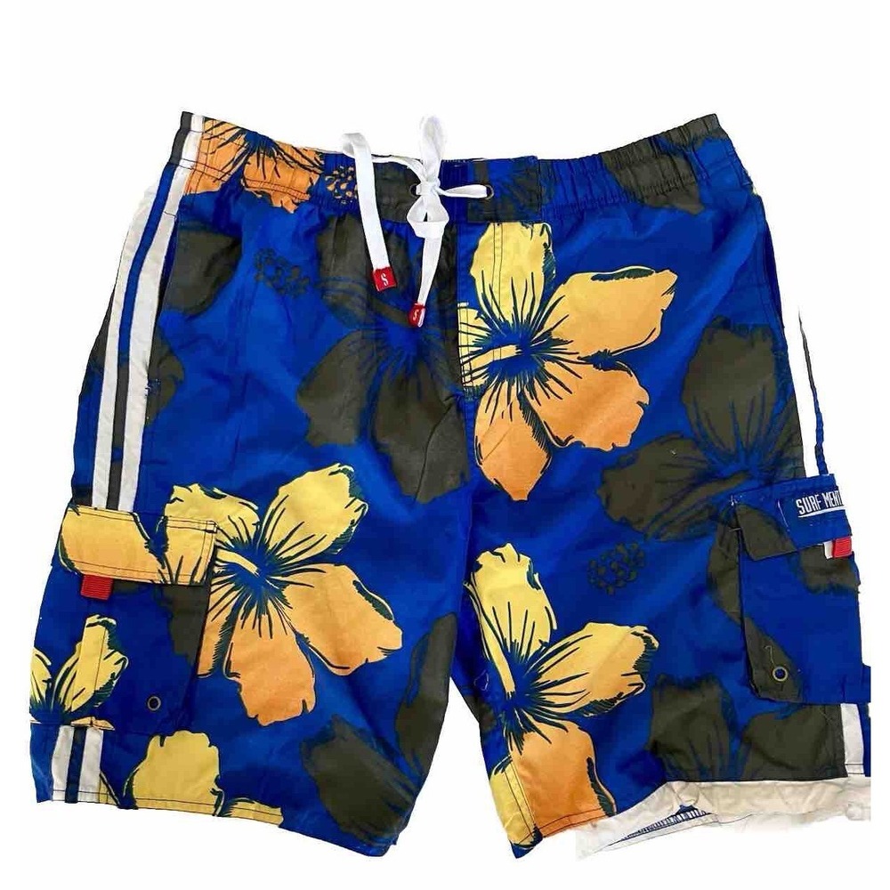 Surf Mentality Men's L Swim Trunks Board Shorts Blue  Yellow Floral‎ Lined